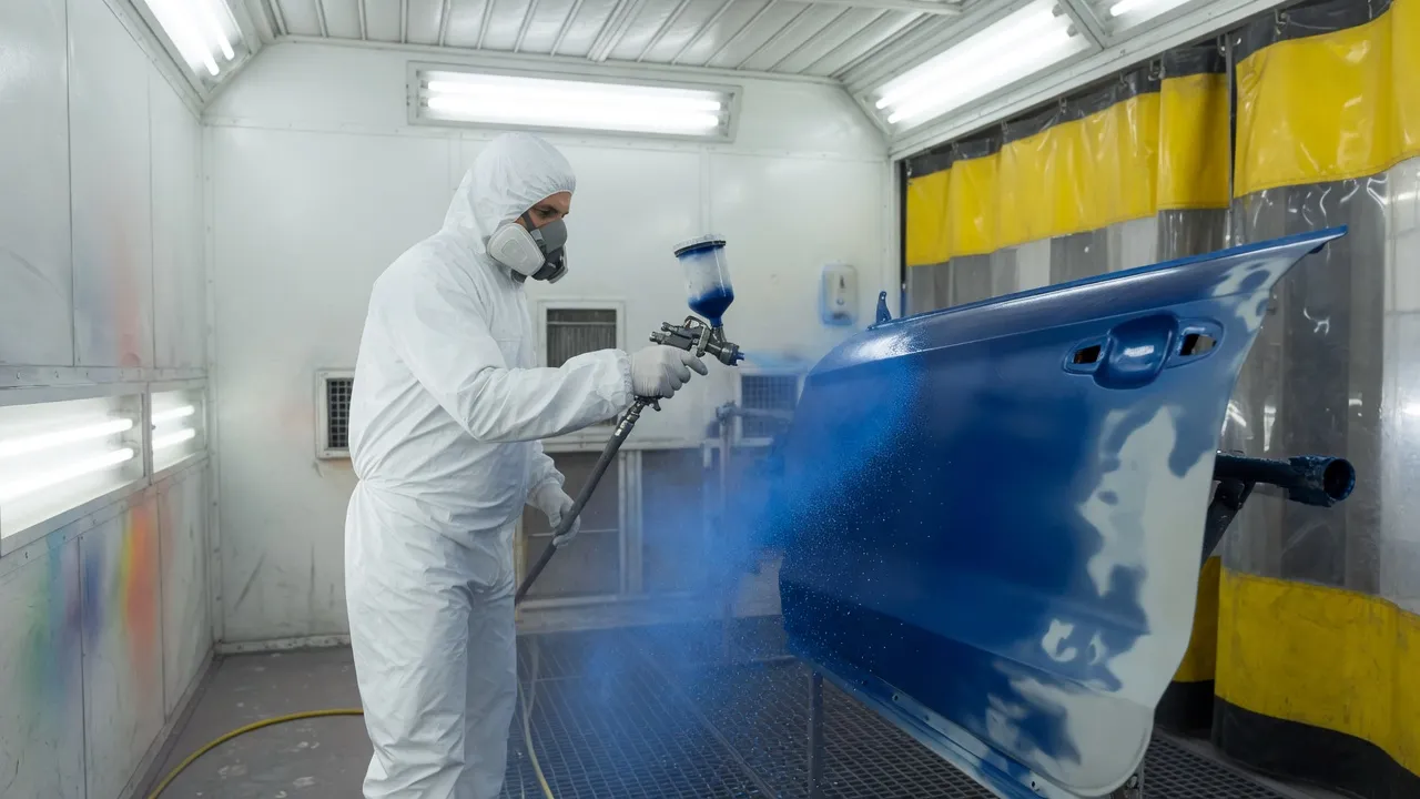 A door panel getting paint in the booth