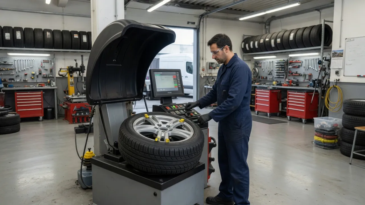 A wheel spinning on the balancing machine