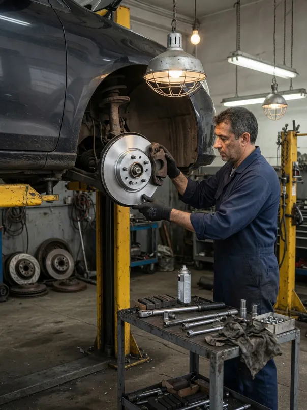 A fresh brake disc going onto the hub