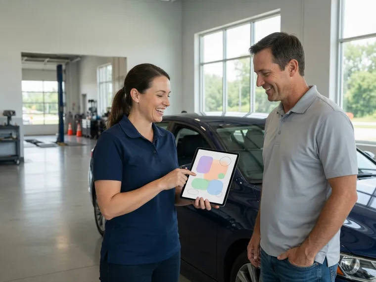 A service advisor walking a customer through the findings