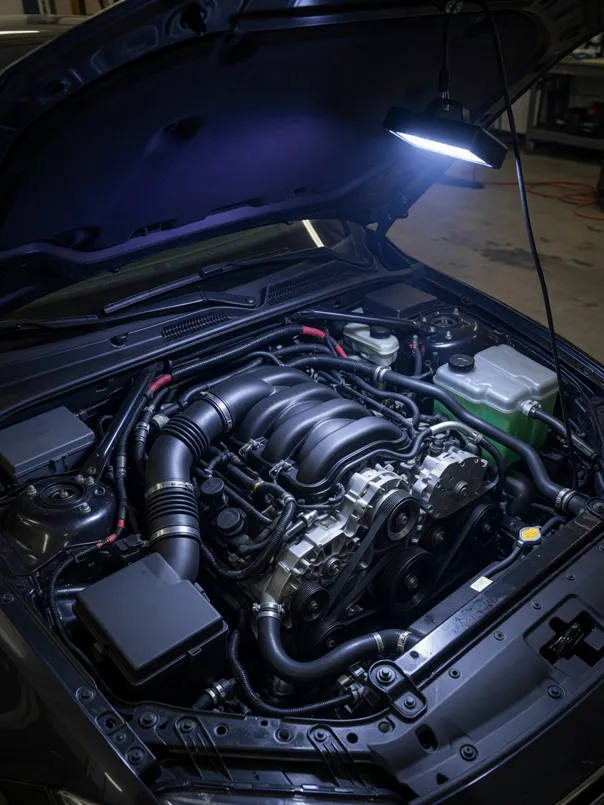 An engine bay under the work light