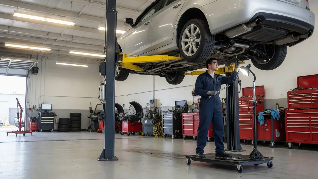 A sedan on the lift in the Camber service bay