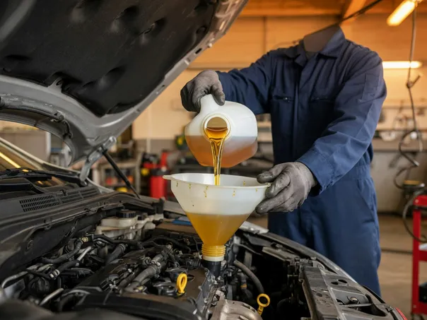 A mechanic pouring fresh oil during a service